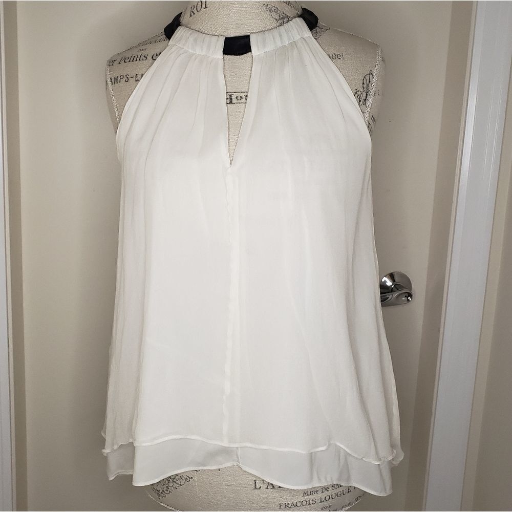 White Silk Black Leather Blouse Top